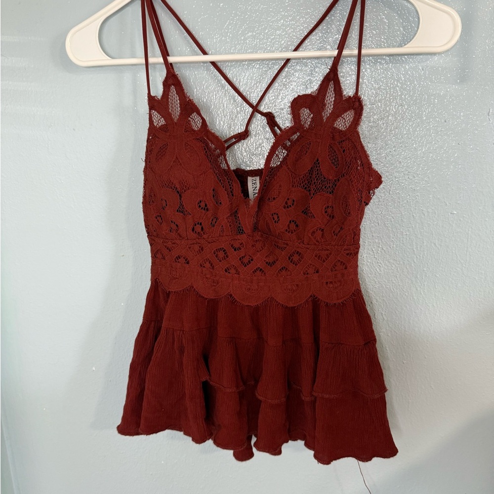 Zenana Outfitters Red Asymmetrical Ruffled Camisole